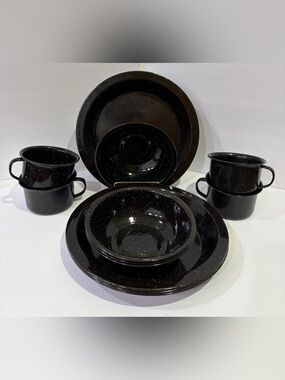 12 PC Black Speckled Enamel Camping Dinnerware